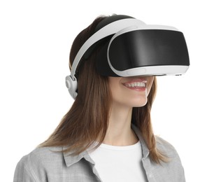 Photo of Smiling woman using virtual reality headset on white background