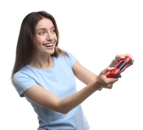 Photo of Happy woman playing video game with controller on white background