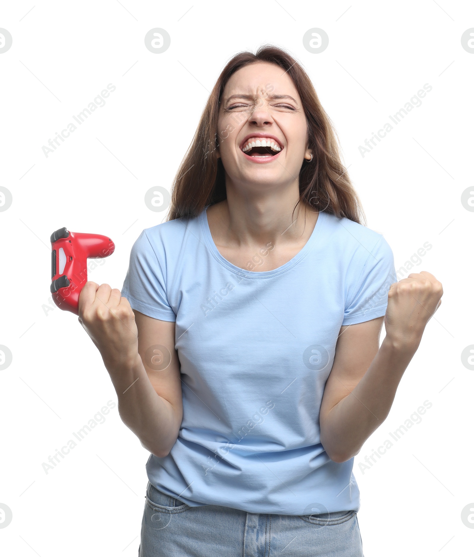 Photo of Happy woman with game controller on white background