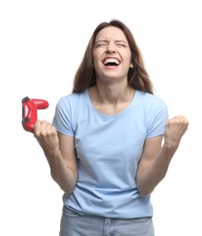 Photo of Happy woman with game controller on white background