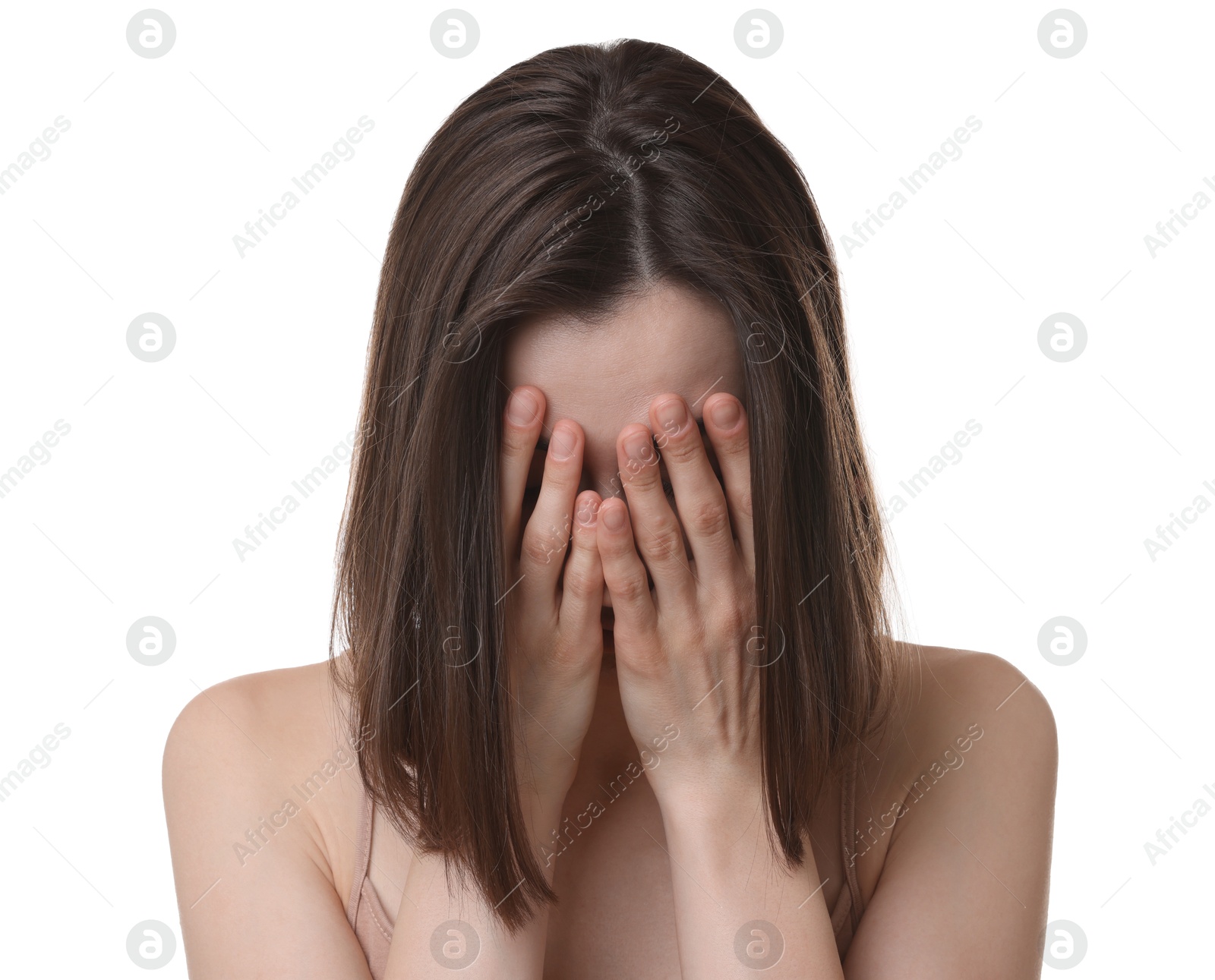 Photo of Woman suffering from hair loss problem on white background