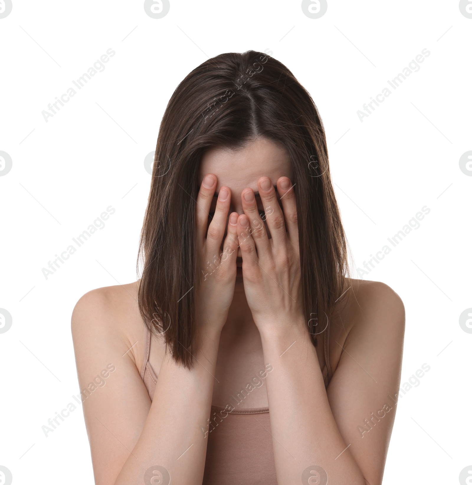 Photo of Woman suffering from hair loss problem on white background