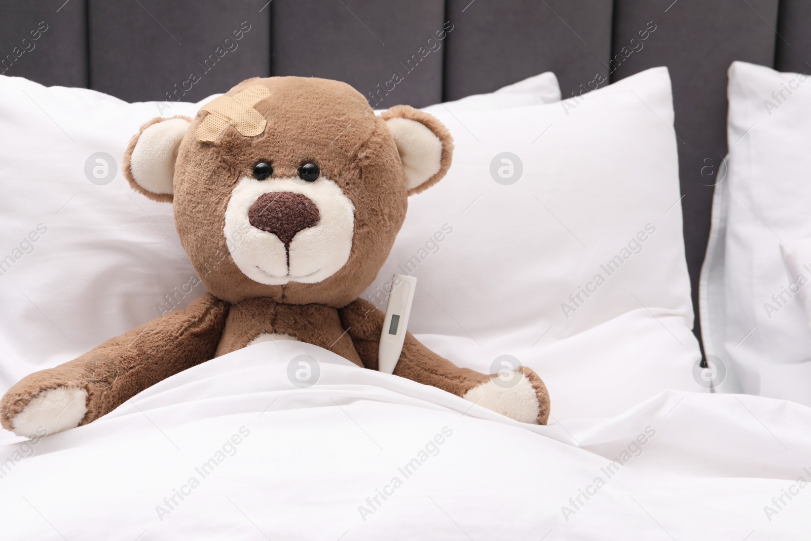 Photo of Toy cute bear with sticking plaster and thermometer under blanket in bed