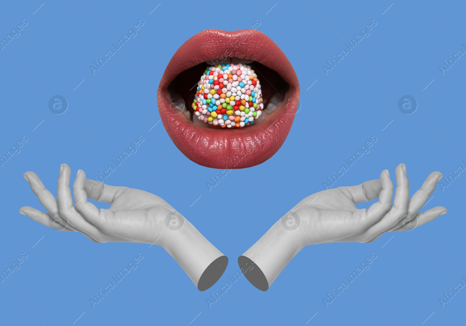 Image of Female lips and hands on pale blue background, stylish art collage