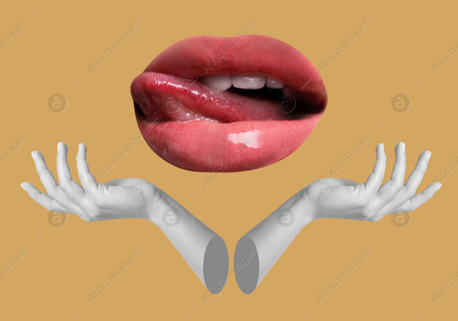 Image of Female lips and hands on pale orange background, stylish art collage