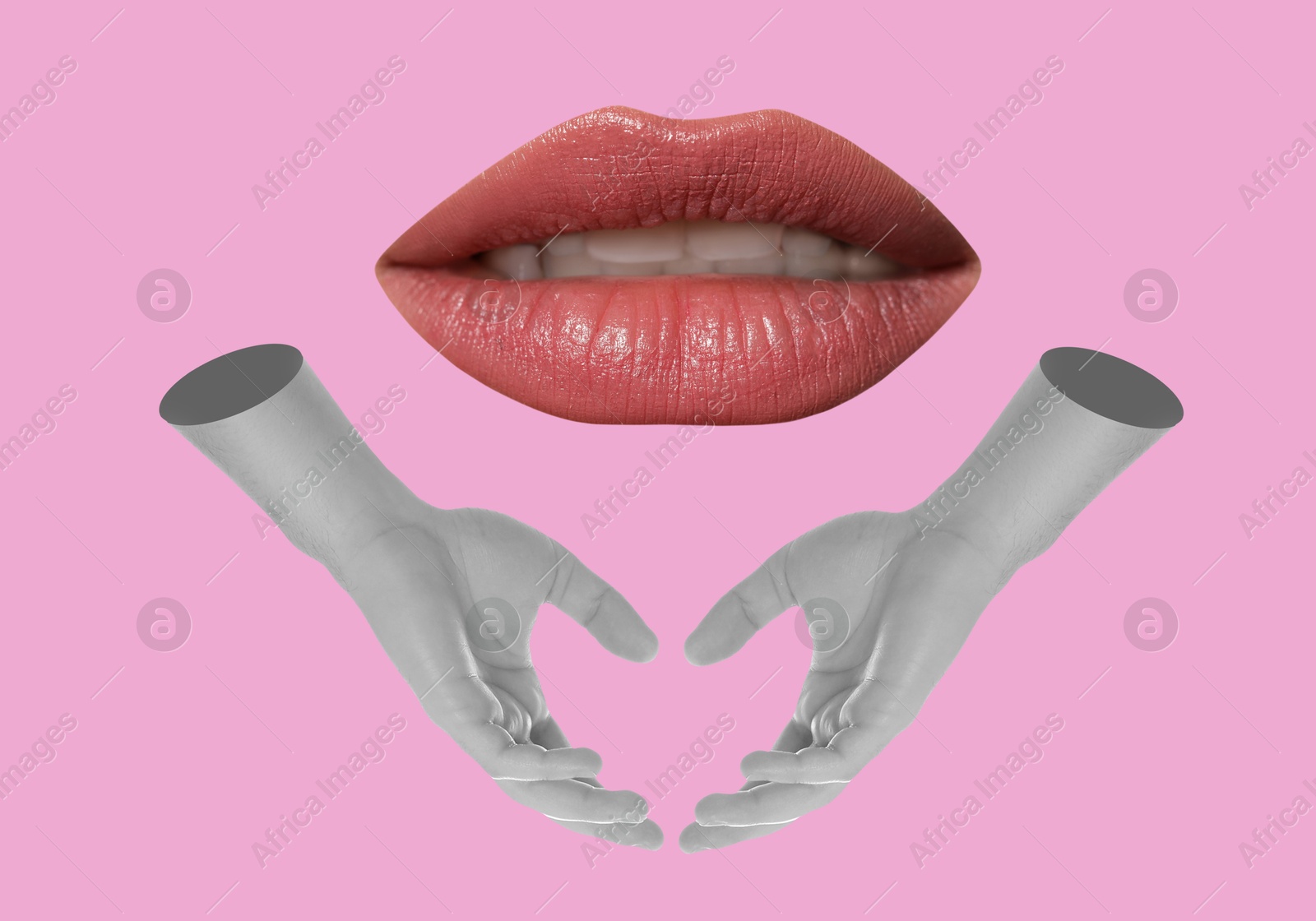 Image of Female hands making heart gesture under lips on pink background, stylish art collage