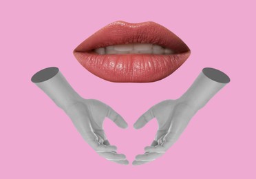 Female hands making heart gesture under lips on pink background, stylish art collage