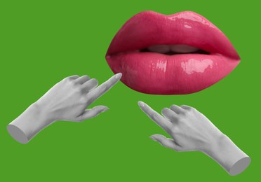 Image of Female lips and hands on green background, stylish art collage