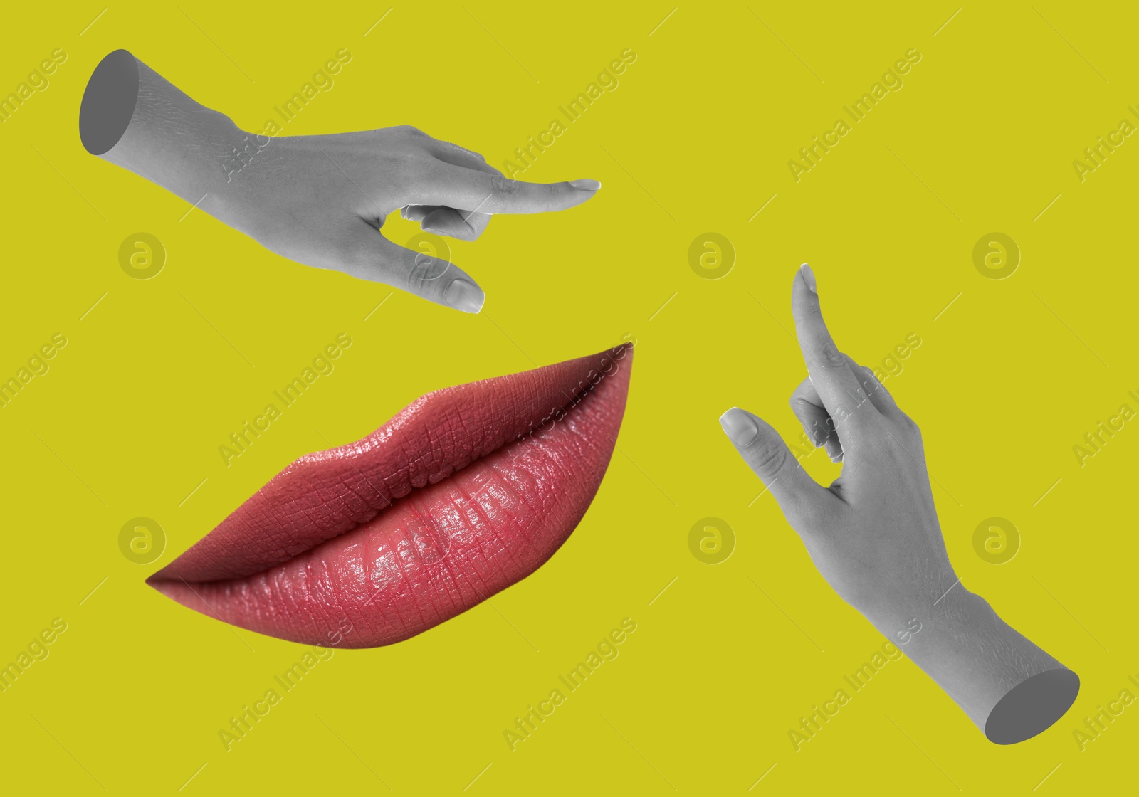 Image of Female lips and hands on yellowish green background, stylish art collage