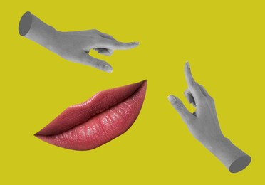 Female lips and hands on yellowish green background, stylish art collage