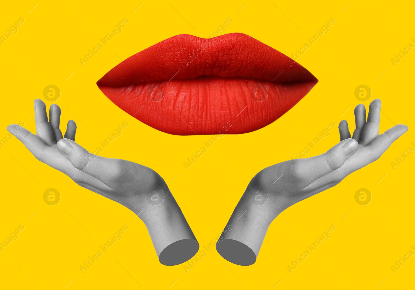 Image of Female lips and hands on yellow background, stylish art collage