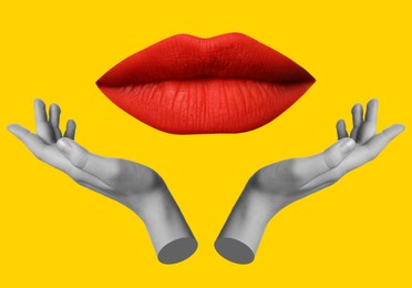 Image of Female lips and hands on yellow background, stylish art collage