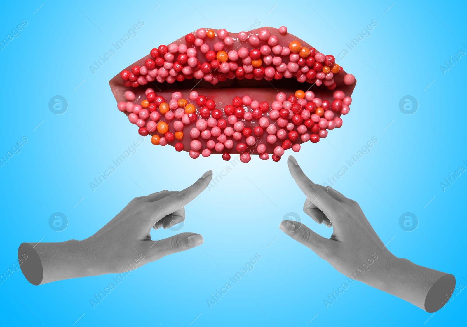 Image of Female lips and hands on light blue background, stylish art collage