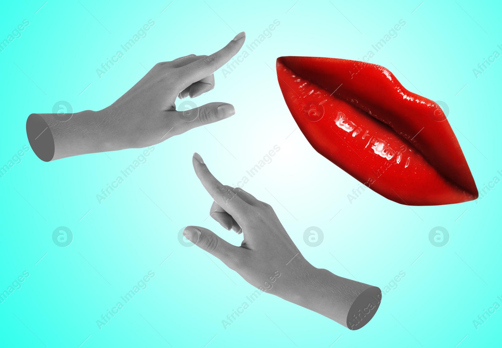 Image of Female lips and hands on turquoise background, stylish art collage