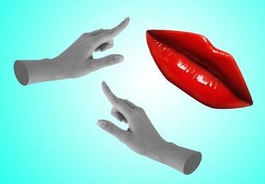 Image of Female lips and hands on turquoise background, stylish art collage