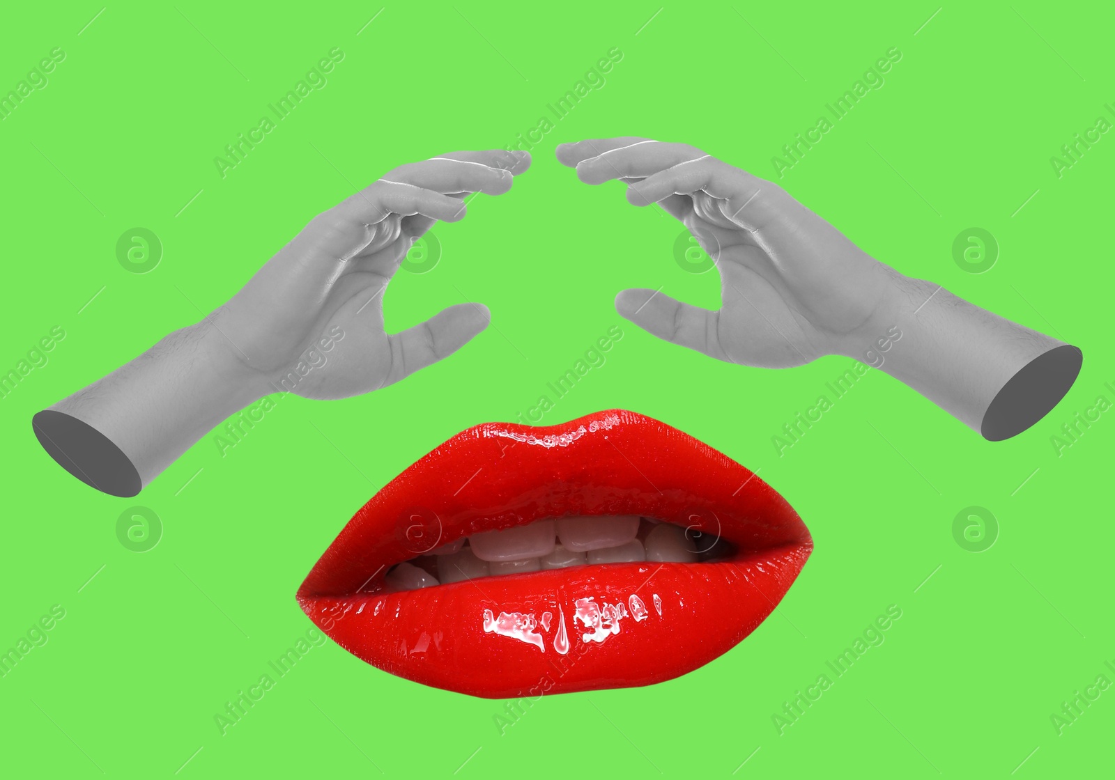 Image of Female lips and hands on light green background, stylish art collage