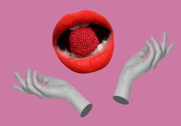 Image of Female lips and hands on dark pink background, stylish art collage