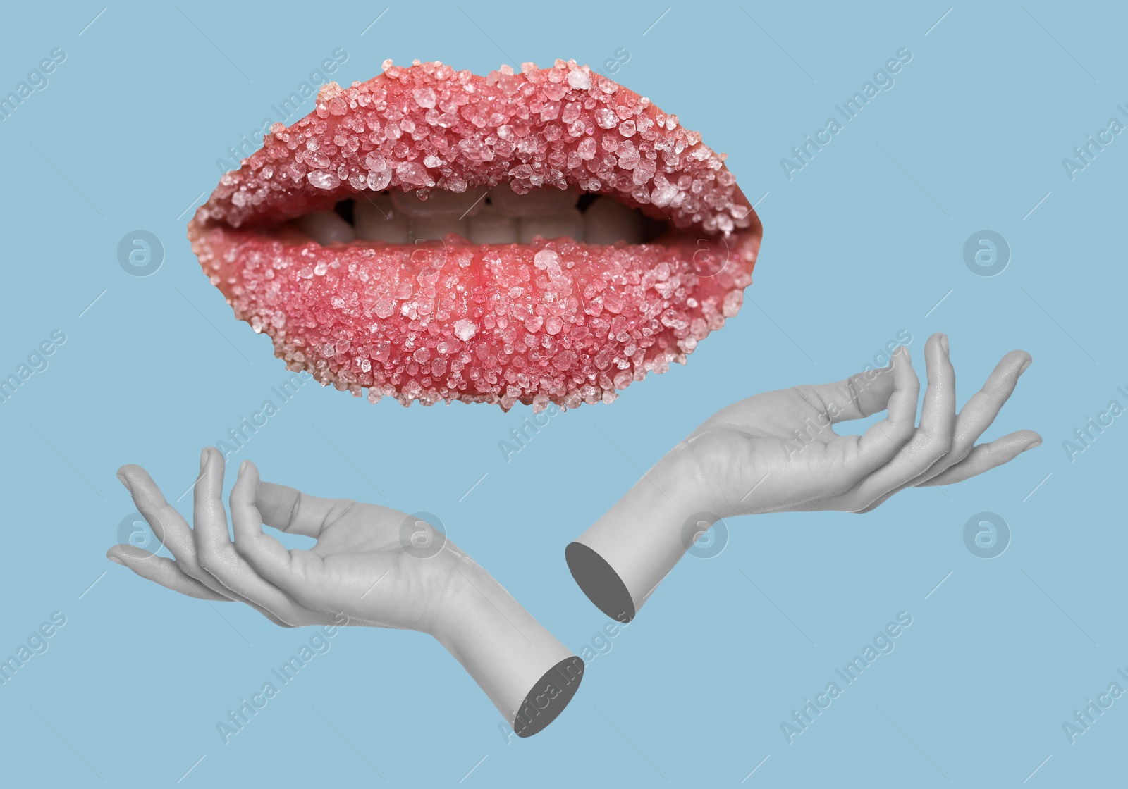 Image of Female lips and hands on light blue background, stylish art collage