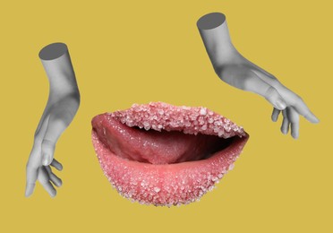 Image of Female lips and hands on color background, stylish art collage