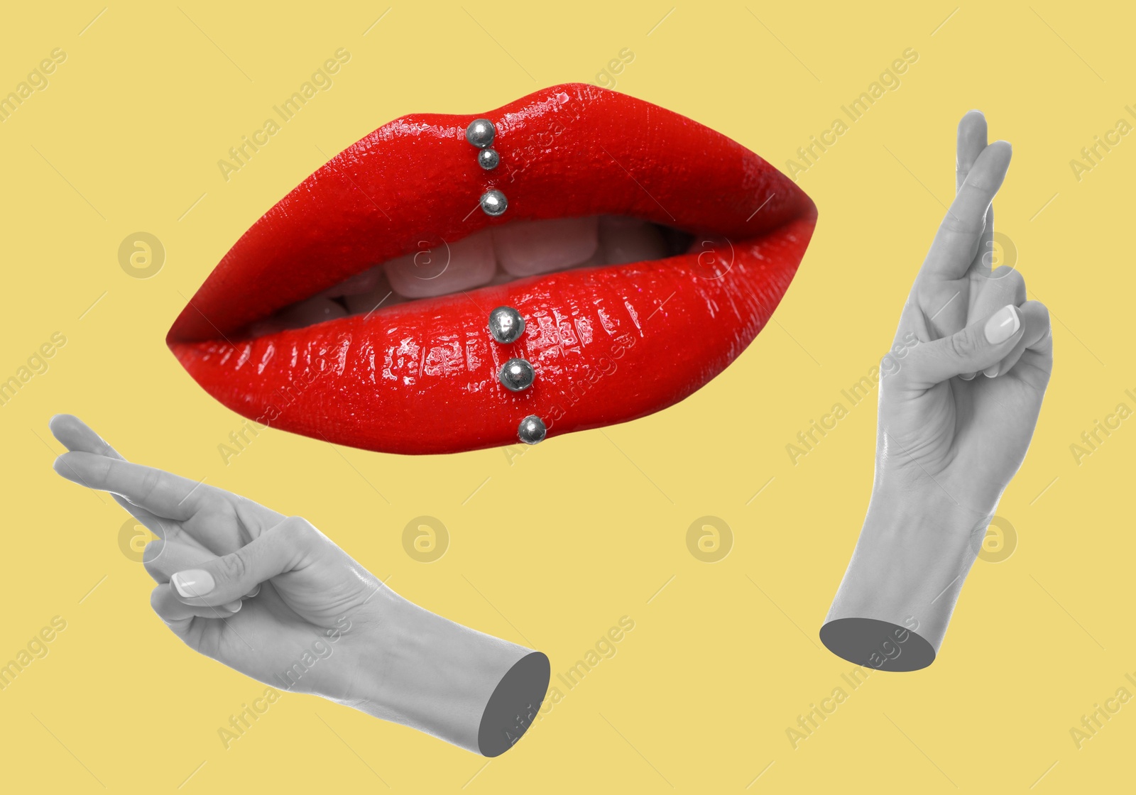Image of Female hands with crossed fingers and lips on pale yellow background, stylish art collage