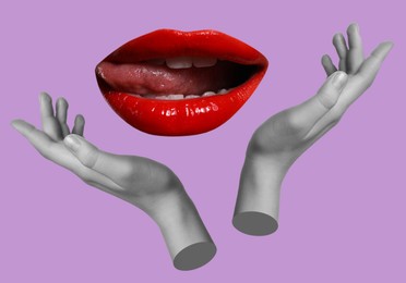 Image of Female lips and hands on violet background, stylish art collage