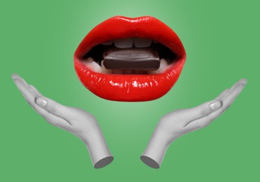 Female lips and hands on green background, stylish art collage