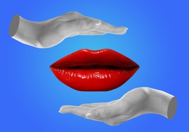 Image of Female lips and hands on blue background, stylish art collage