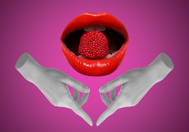 Image of Female lips and hands on magenta color background, stylish art collage