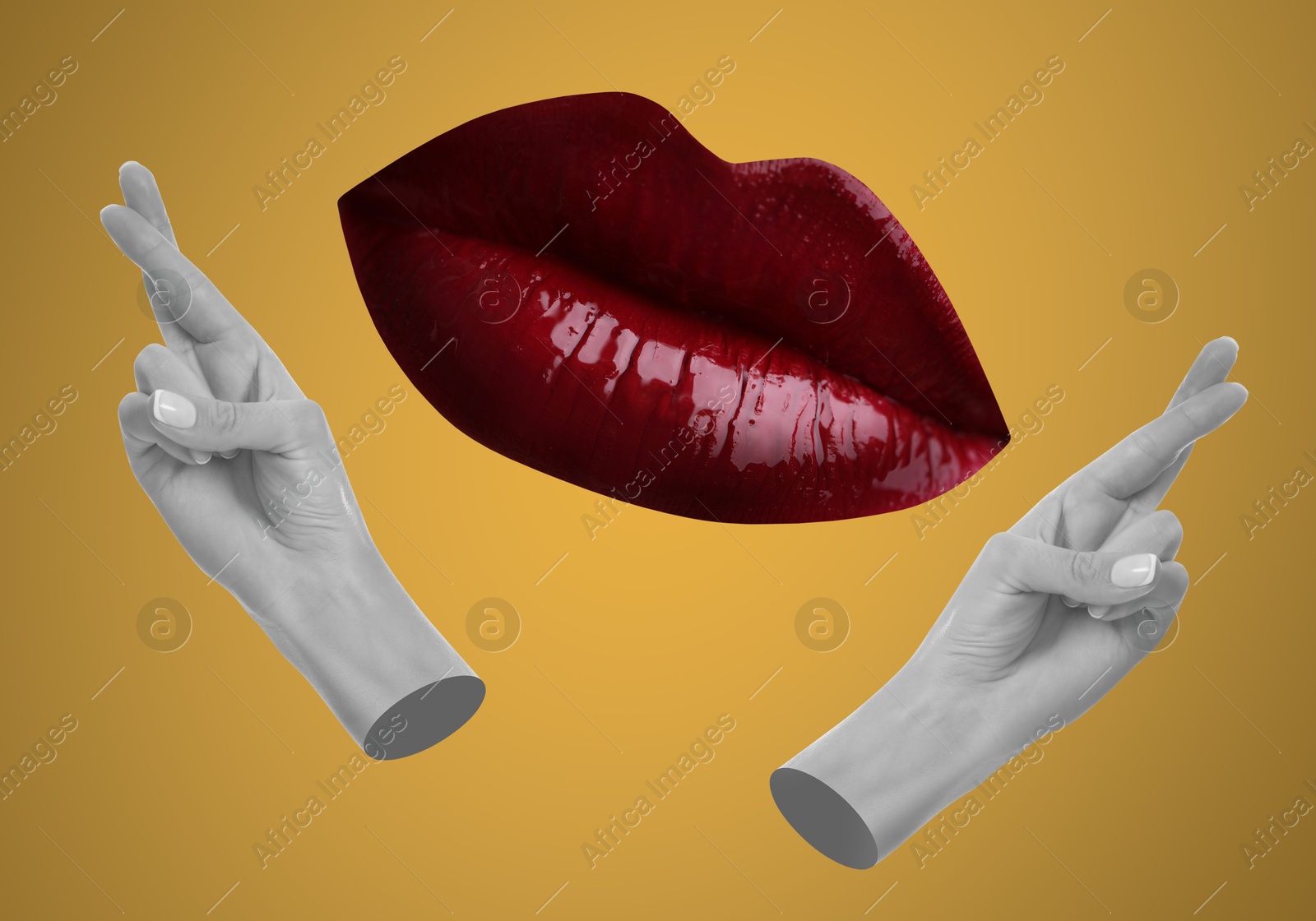 Image of Female lips and hands with crossed fingers on golden background, stylish art collage