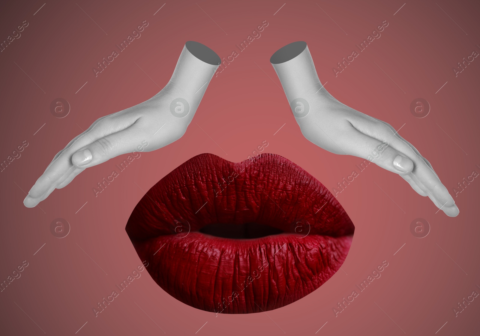 Image of Female lips and hands on dark red background, stylish art collage