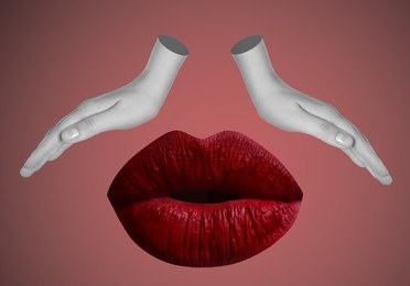Image of Female lips and hands on dark red background, stylish art collage