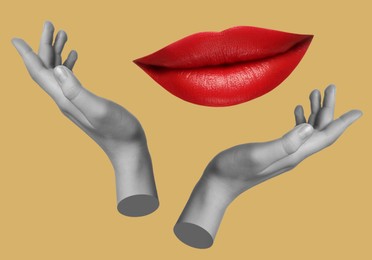 Image of Female lips and hands on dark beige background, stylish art collage