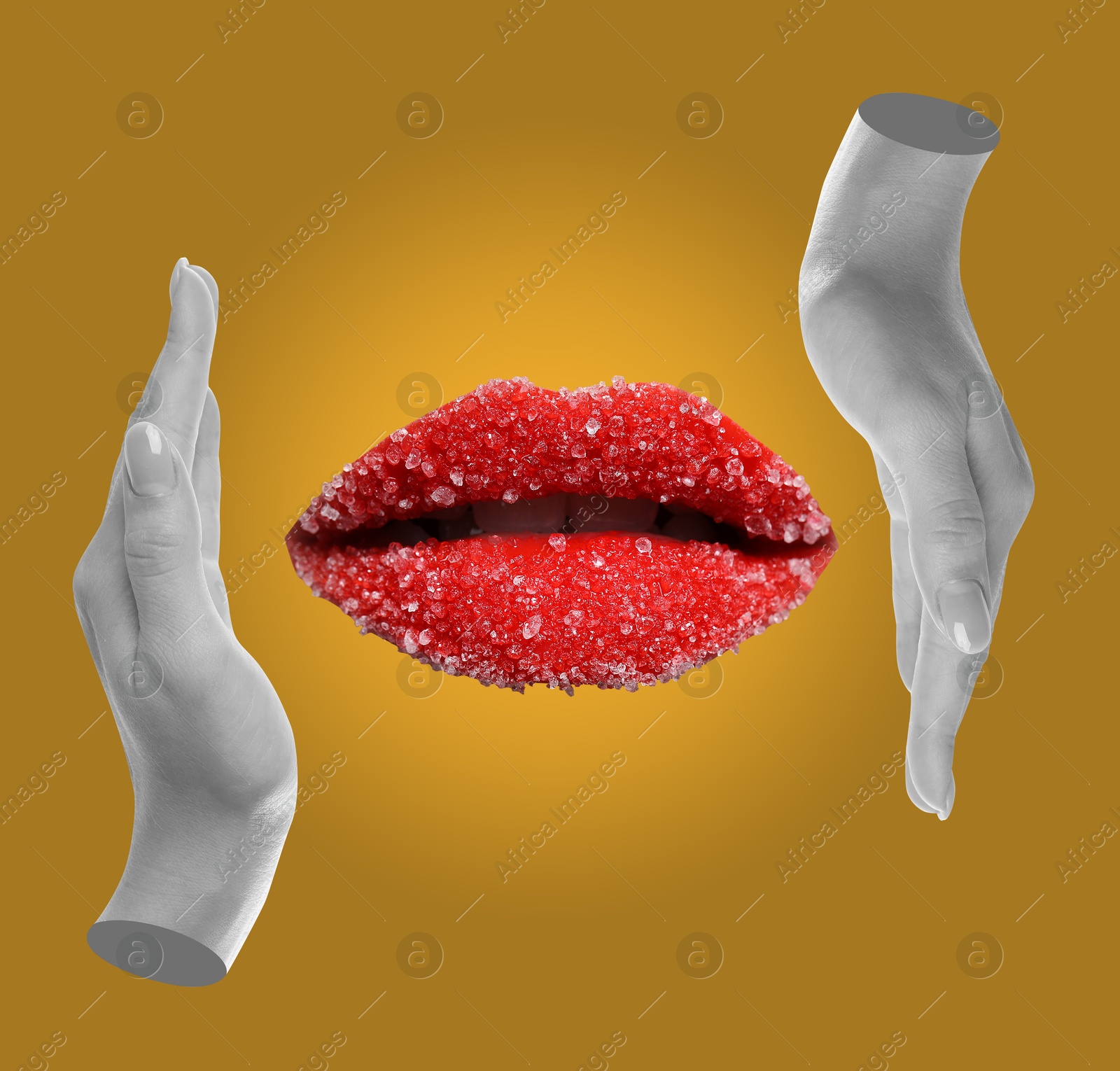 Image of Female lips and hands on golden background, stylish art collage