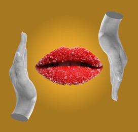 Female lips and hands on golden background, stylish art collage