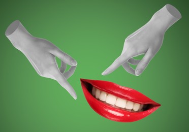 Female lips and hands on green background, stylish art collage