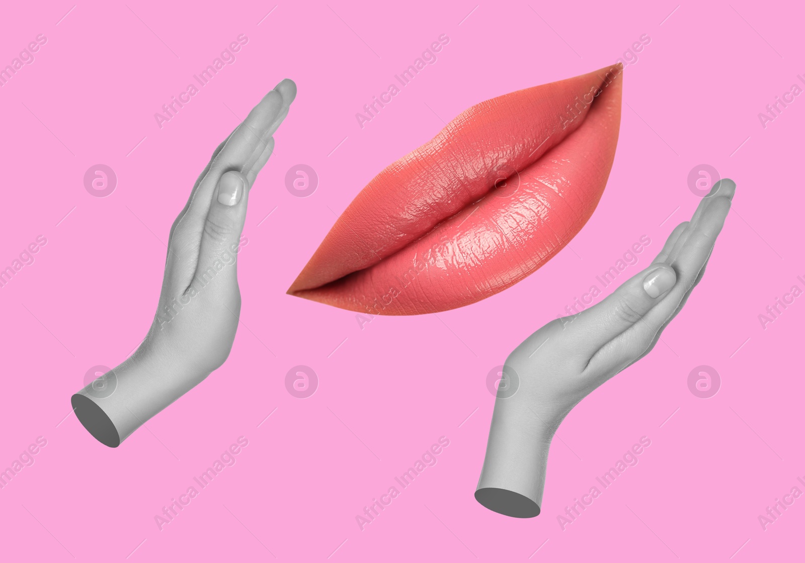 Image of Female lips and hands on pink background, stylish art collage