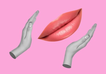 Female lips and hands on pink background, stylish art collage