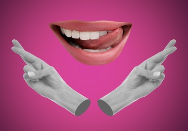 Female lips and hands with crossed fingers on magenta color background, stylish art collage