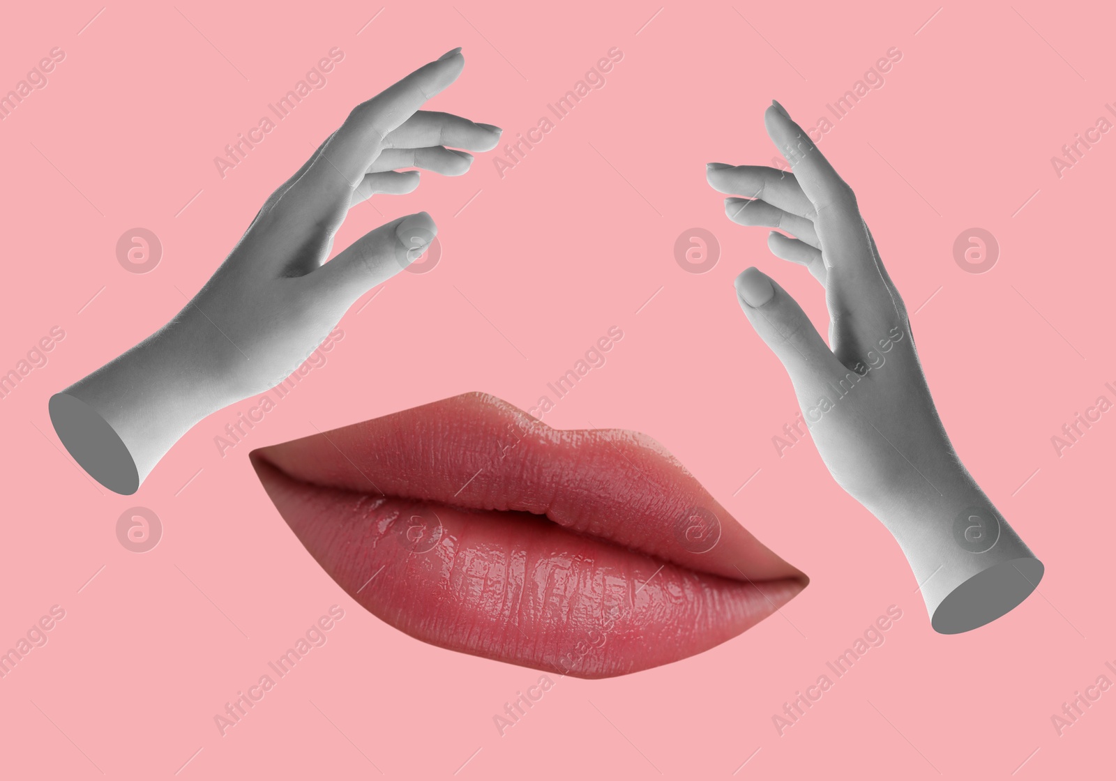 Image of Female lips and hands on pink background, stylish art collage