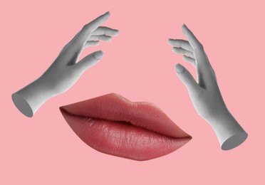 Female lips and hands on pink background, stylish art collage