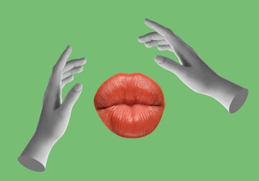 Image of Female lips and hands on green background, stylish art collage