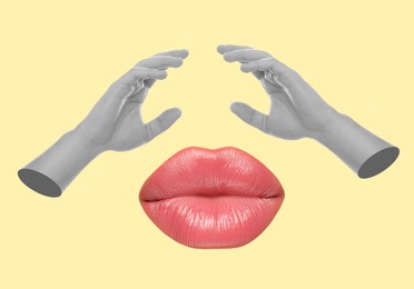 Image of Female lips and hands on beige background, stylish art collage