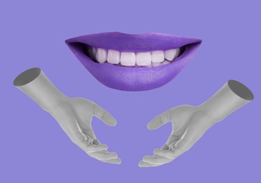 Image of Female lips and hands on pale blue background, stylish art collage