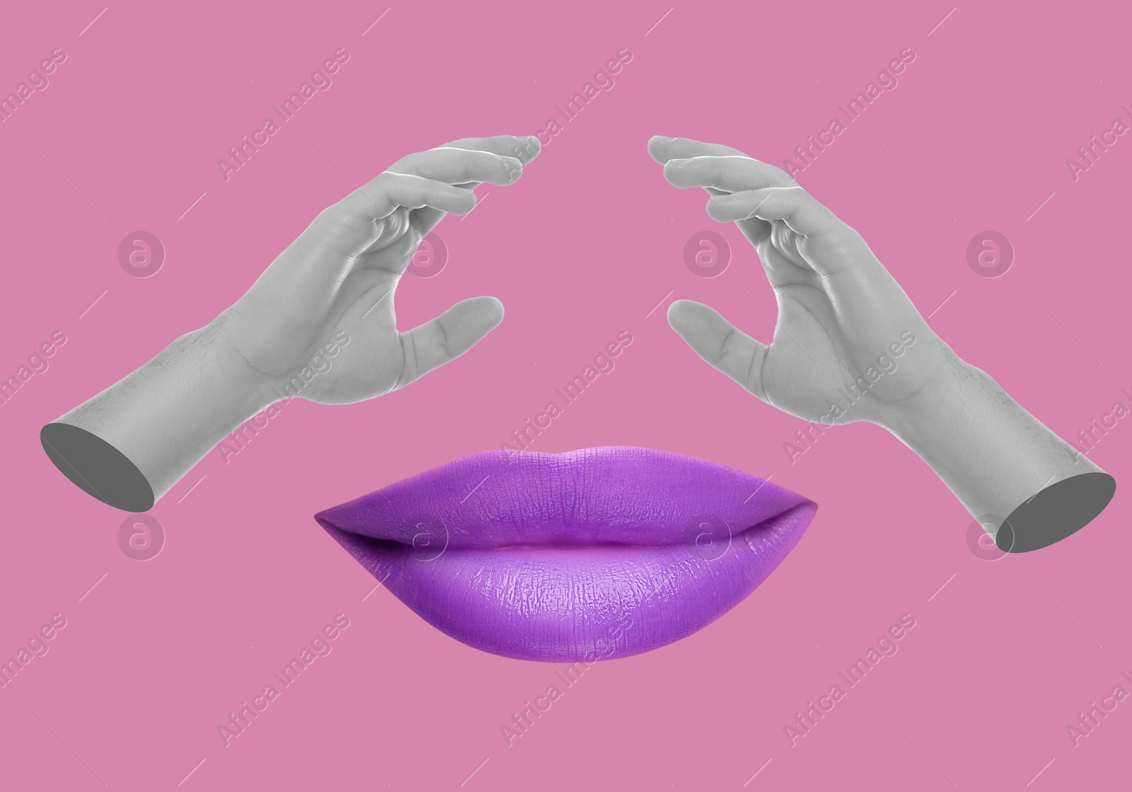 Image of Female lips and hands on dark pink background, stylish art collage