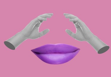 Female lips and hands on dark pink background, stylish art collage