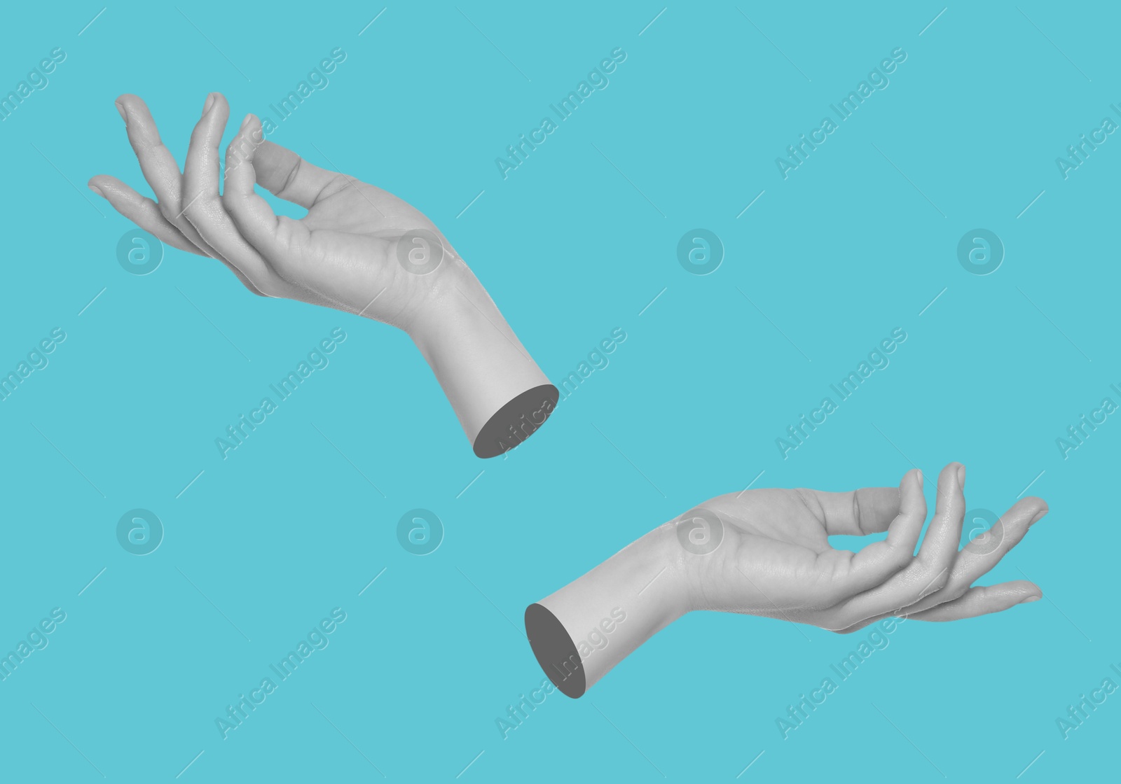 Image of Female hands on light blue background, stylish art collage