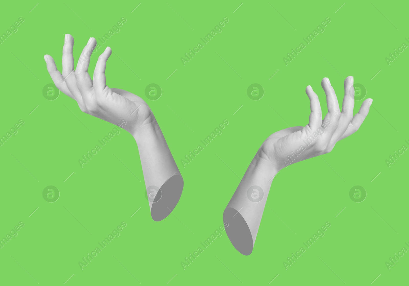 Image of Female hands on light green background, stylish art collage