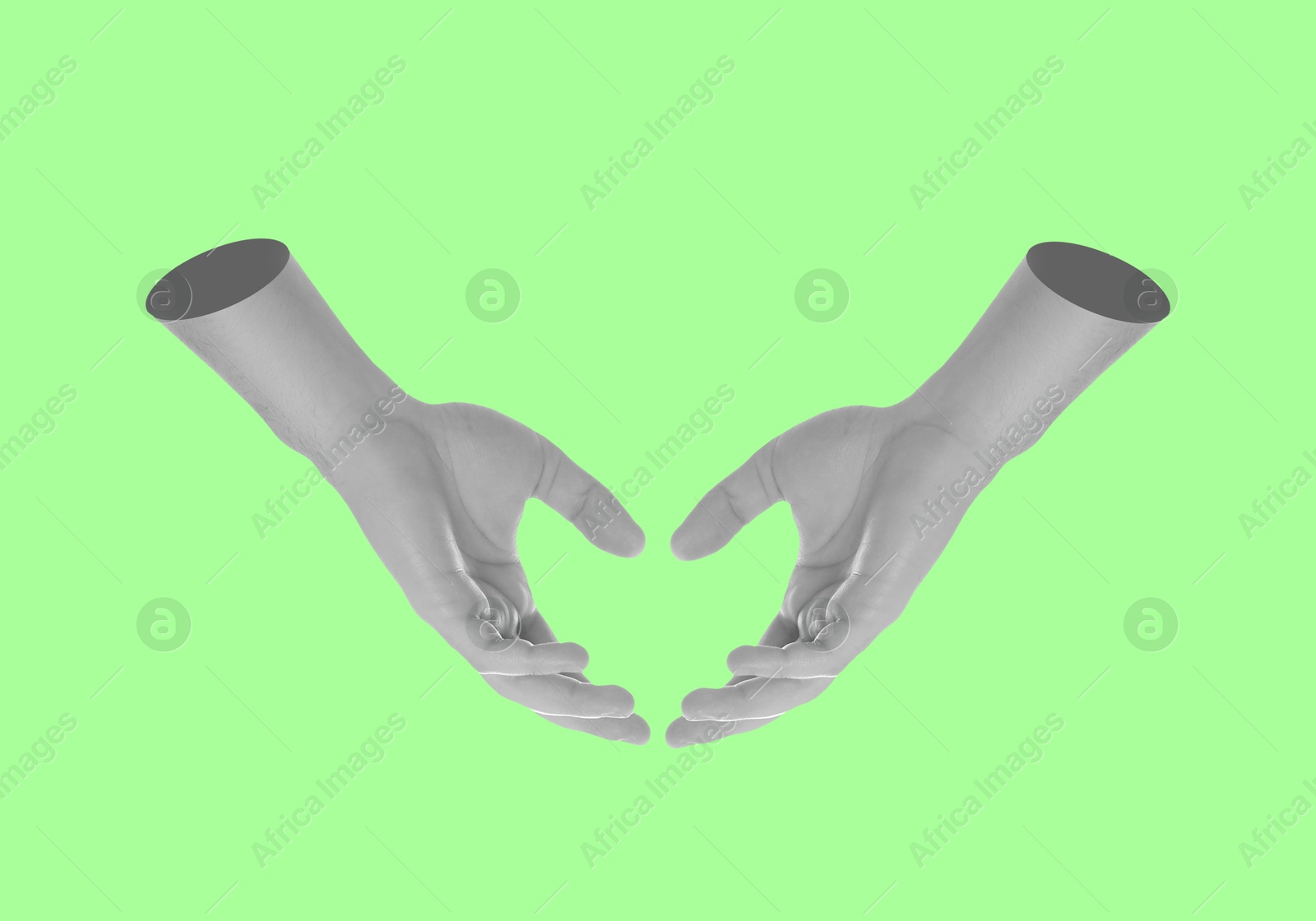 Image of Male hands on light green background, stylish art collage