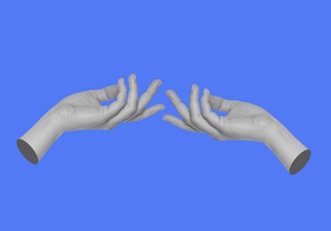 Image of Female hands on blue background, stylish art collage
