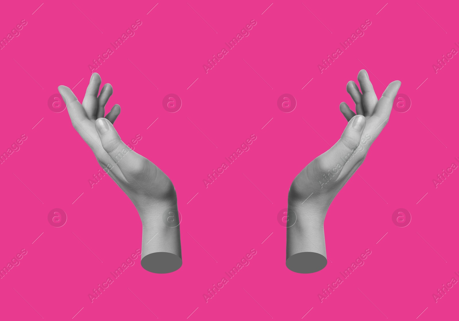 Image of Female hands on magenta color background, stylish art collage